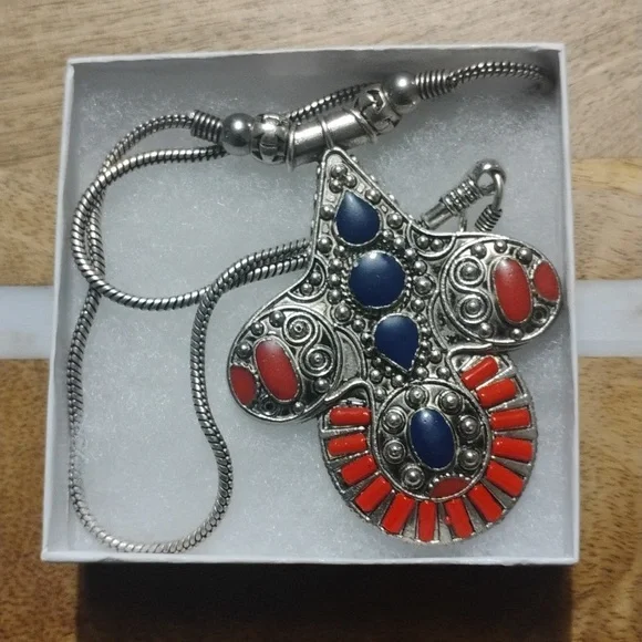 Silver Pendant Necklace with Blue & Coral Red Accents NEW - Picture 1 of 14